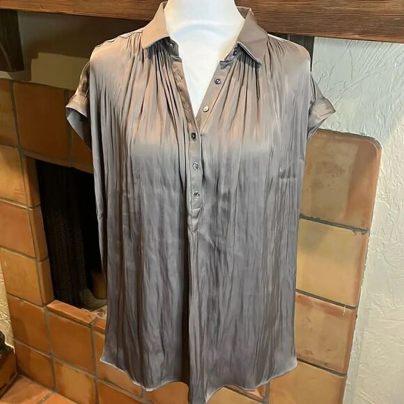 By Together Pleated Polyester Satin 1/2 Button Up Blouse, S! - Picture 1 of 11